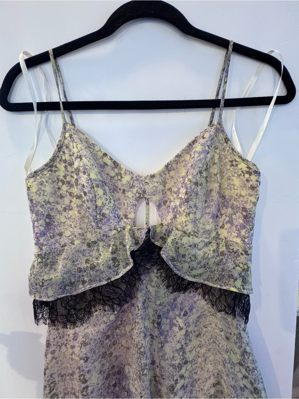 Bcbg Floral Lace Trim Dress In Yellow-Grey Lavender. Sheer Dress W Short Slip